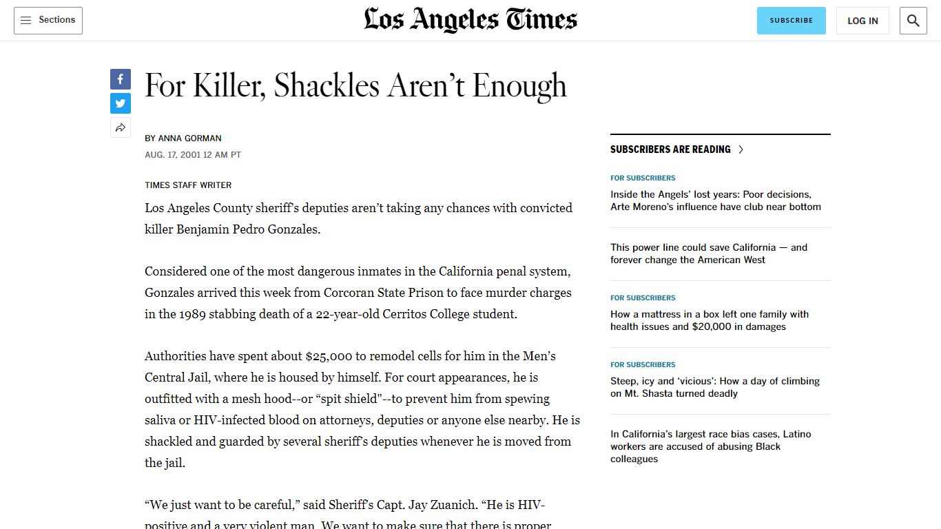 For Killer, Shackles Aren't Enough - Los Angeles Times